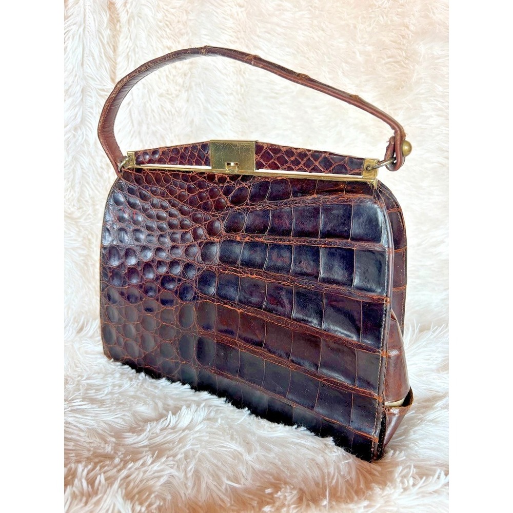 Vintage Alligator‎ Handbag Bellestone 1950s 1960s Brown Structured Top Handle
